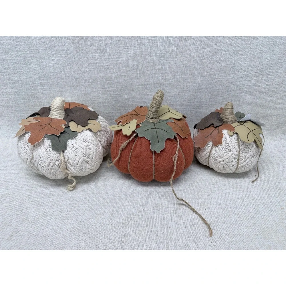 Set of 3 Fabric Pumpkins Fall Decor Cable Knit Orange‎ Cream Rustic Thanksgiving